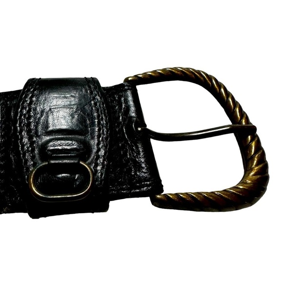 Axcess Made in Italy Genuine Black Leather Wide Waist Belt, Bronze Buckle Medium - Picture 4 of 10